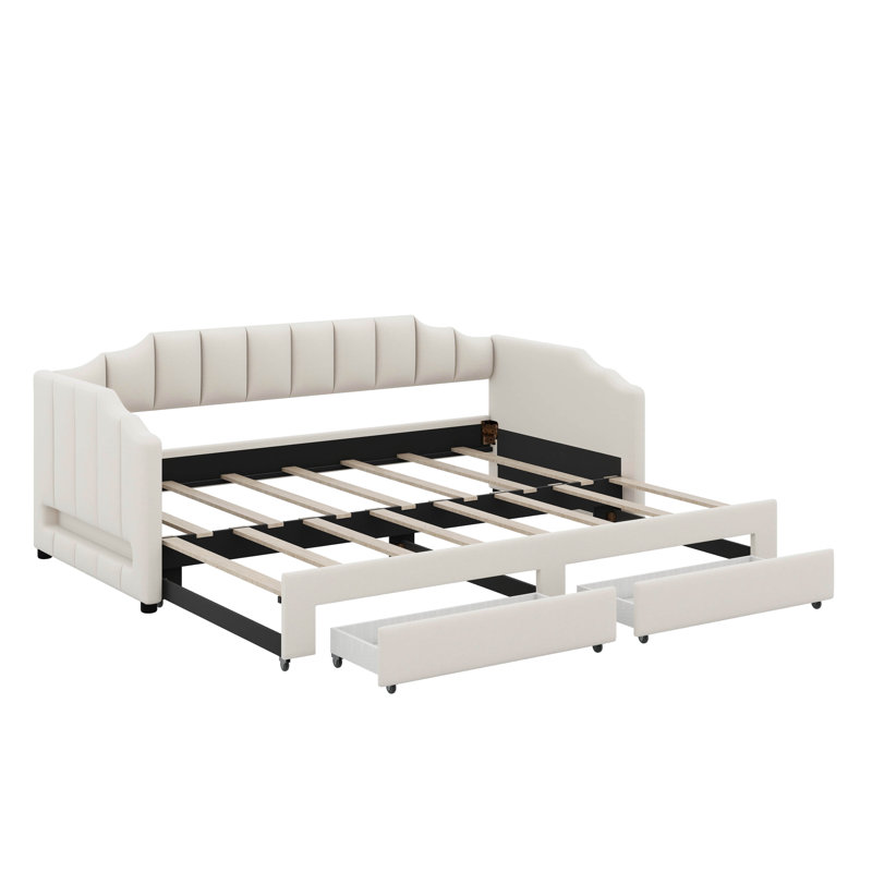 Twin XL To King Extendable Upholstered Daybed With 2 Storage Drawers And LED Light, Beige
