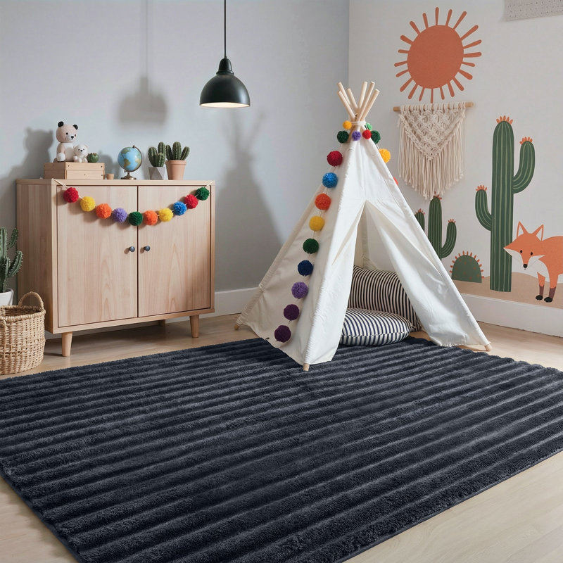 Modern Ribbed High-Low Pile Gray Machine Washable Shag Area Rug, Rectangle 4' x 6'