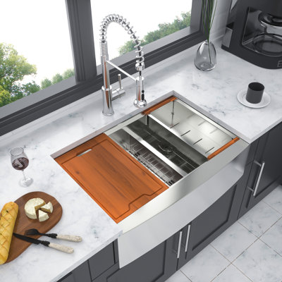 Double Bowl Farmhouse Sink Workstation - 33 Inch Kitchen Sink Stainless Steel 16 Gauge Apron Front Kitchen Sink