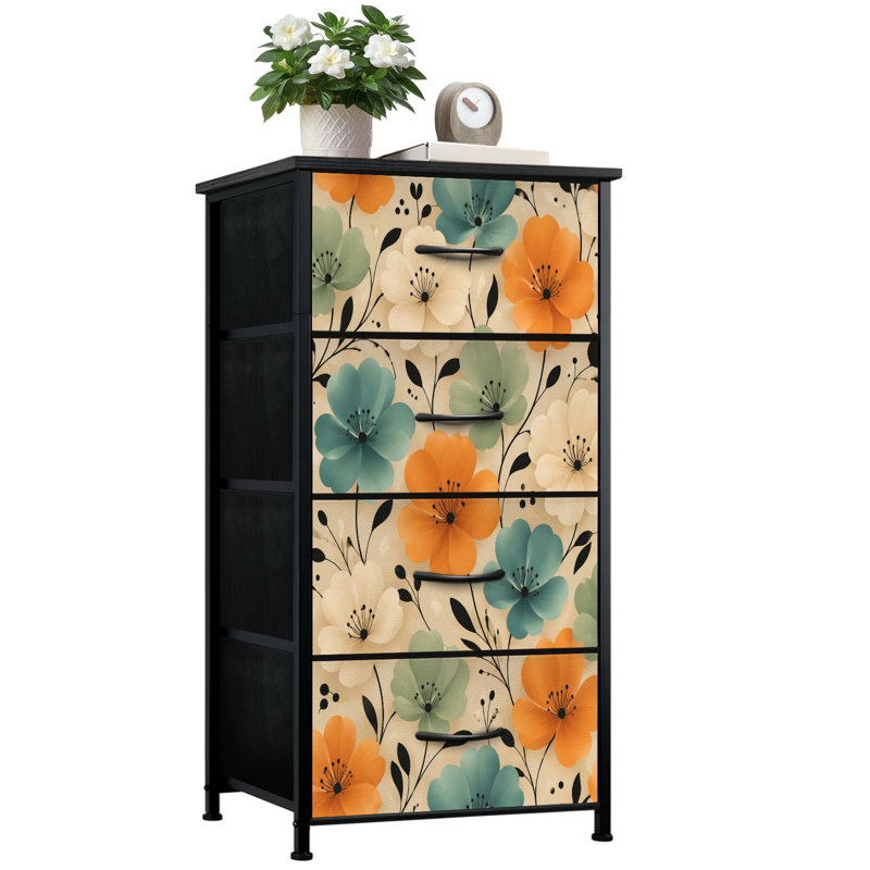 Commode à 4 tiroirs avec rangement vertical, fleurs, orange, bleu, crème, fleurs, beige, avec tiroirs en bois