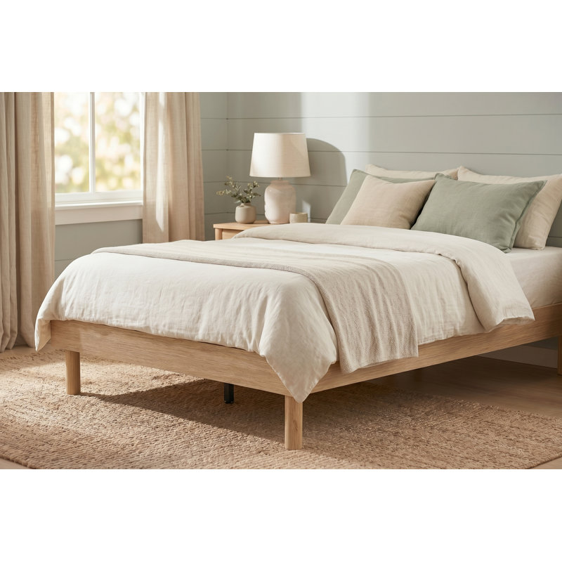 Cadre de lit double plateforme avec sommier à lattes en bois, format standard, design moderne du milieu du siècle, fini bois naturel, aucun sommier requis