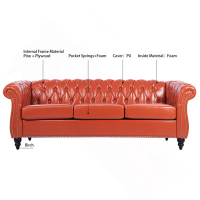 84.65" Rolled Arm Chesterfield 3 Seater Sofa