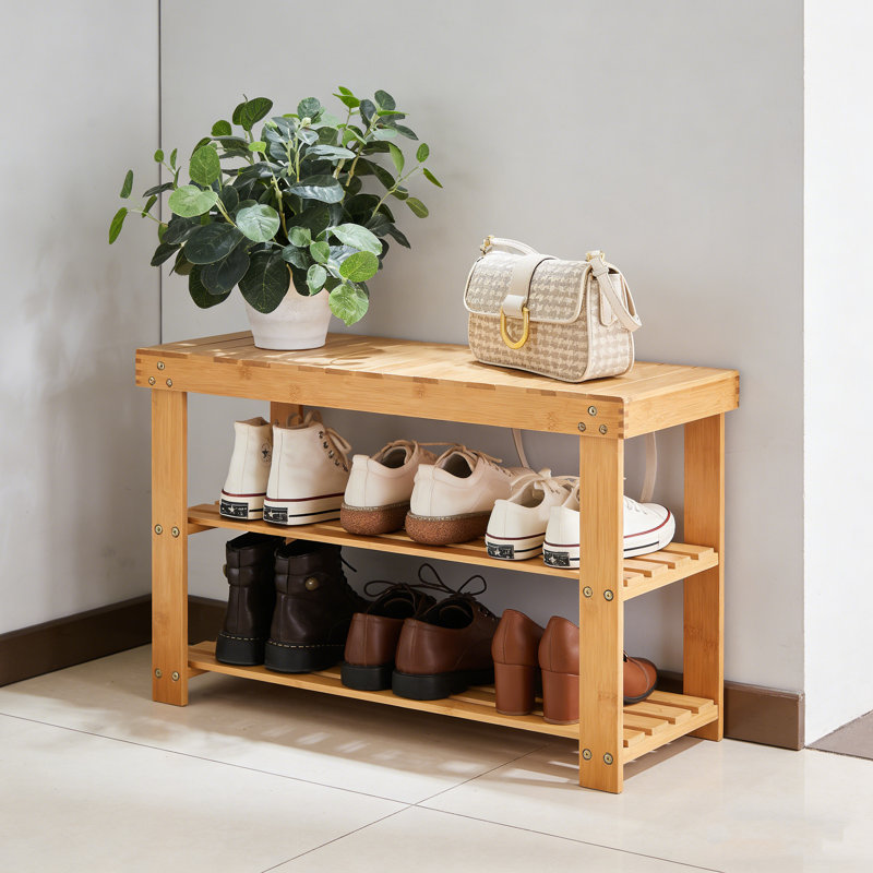 Bamboo Shoe Bench With 3-Tier Storage, Medium Yellow Wood