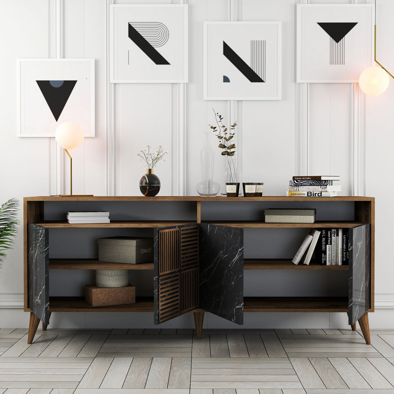 Console Adrius, Noyer, Marbre noir / noyer, H 30,9 po x l 70,9 po x P 13,8 po