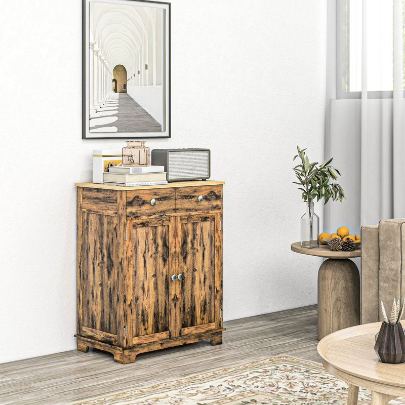 Buffet brun rustique avec comptoir en bois massif pour le rangement. 2 tiroirs, portes, tablette réglable. Convient à la salle à manger et au salon. Comptoir d'unité de rangement l 26,75 po x P 15,75 po. H 33,5 po. Pour la cuisine.