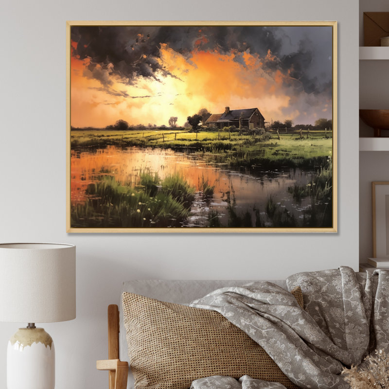 «Glorious Sunset Over Waterway In Fields», reproduction d'art rétro sur toile, Cadre flottant brun, 16" H x 32" W