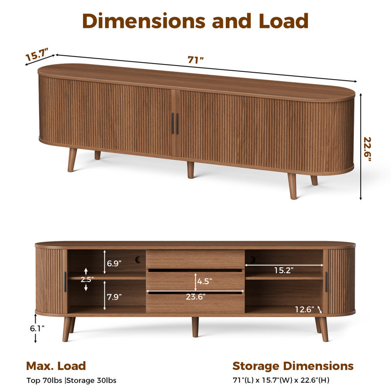 71" Wide TV Stand For Tvs Up To 85", Modern TV Console With Drawers And Adjustable Shelves, Large Entertainment Center For Living Room, Bedroom, Walnut