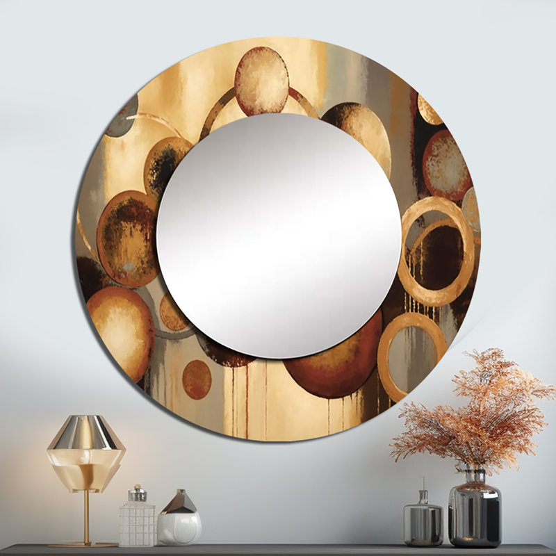 Sanday Aged Barrel Universes III - grand miroir mural abstrait, miroir rond brun unique, reproduction d'art en métal