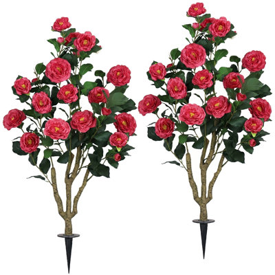 Arbre à fleurs 43,3 po Camellia artificiel avec épi de sol, fausse plante d'extérieur pour décoration de jardin