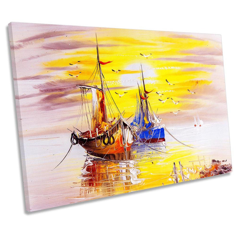 Fishing Boats Yellow Sunset Framed - Wrapped Canvas Print, 30.5cm H x 45.7cm W x 2cm D