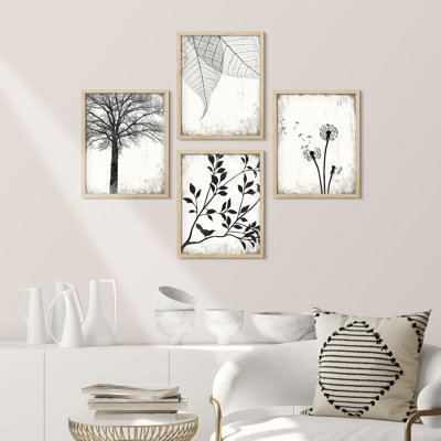 " Black And White Forest Tree Leaf Dandelion " 4 - Pieces