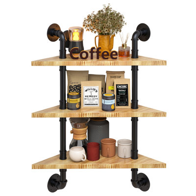 3-Tier Industrial Pipe Corner Shelves - Solid Wood L-Shaped Wall Mounted Floating Shelf for Bathroom & Living Room Storage