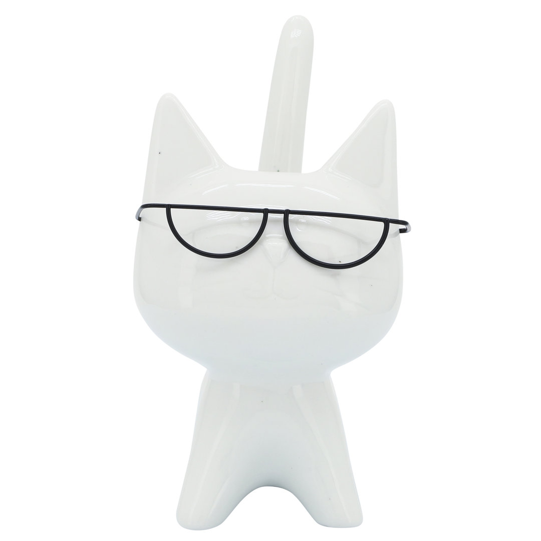 Adallysha Cat figurine stoneware and porcelain with glasses 8" white for glam decor in home office bedroom or living room display Trinx