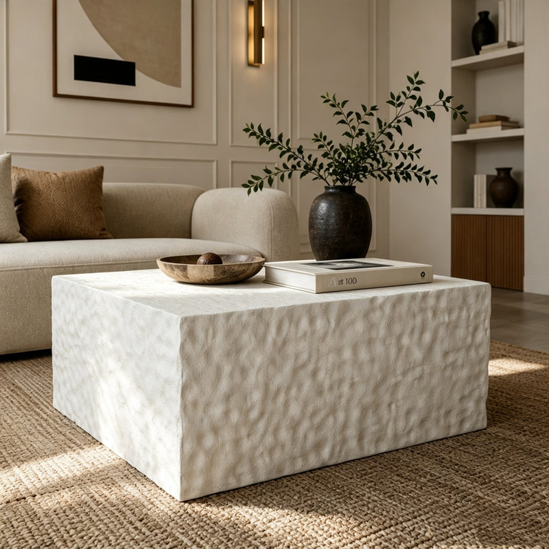 Table basse carrée, H 13,98 po x l 27,56 po x P 27,56 po, Blanc crémeux