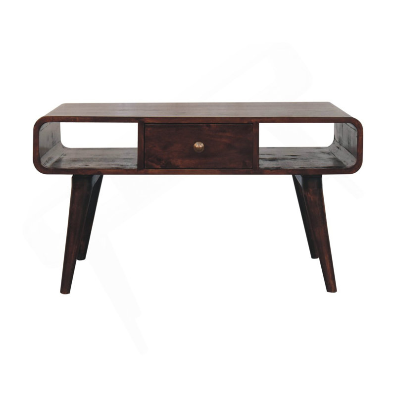 Table basse en bois courbé en noyer de Californie, 2 tiroirs, 2 tablettes, pieds nordiques, brun foncé
