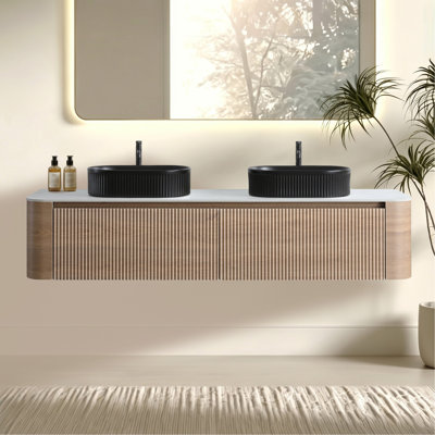 72 Inch Bathroom Vanity With Sink, Honey Oak Wall Cabinet With Free Towel Rack, Double Black Oval Striped Ceramic Basins Design, Without Drain And Faucet, Pre-Assembled