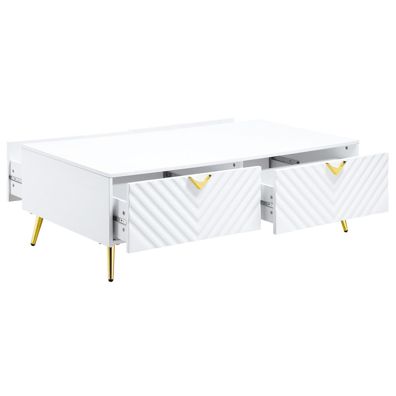 Table basse blanche élégante - 4 tiroirs et support central pour la construction en bois composite d'équilibre et de stabilité