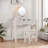 Elegant Makeup Vanity Table With Reversible Four-leaf Shaped Mirror, 5 Drawers, Golden Round Handles And A Stool