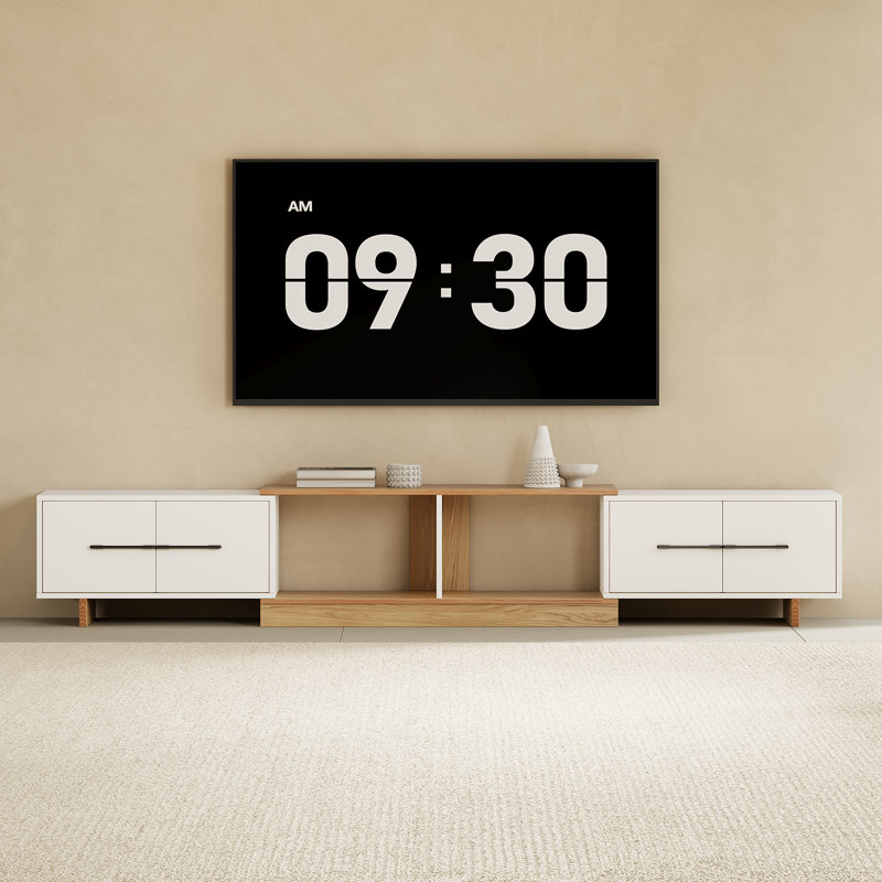 Extendable Tv Stand, Modern Tv Stand With 4 Large Cabinets, Entertainment Center Accommodates 120-Inch Tv, Ideal For Living Rooms, Wood Grain/White Finish