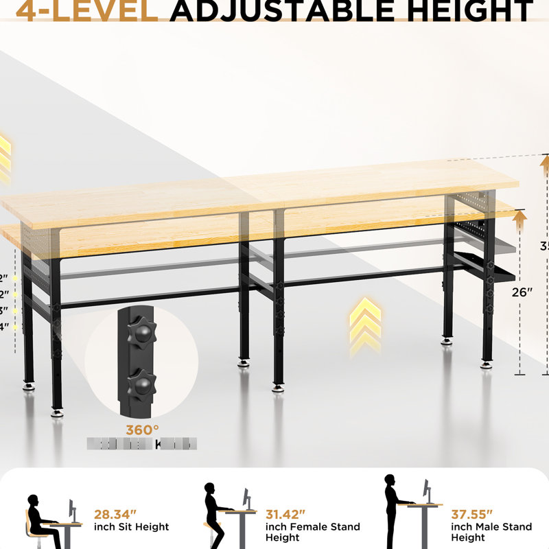 Fabriqué en bois massif de 244 cm (96 po) avec une capacité de 907 kg (2 000 lb), hauteur réglable, côtés, prise de courant et rangement - Pour le montage et la réparation - Plateau de 244 cm (96 po), prise, boîte, roulettes ou pieds de nivellement - Idéal pour le travail du bois.