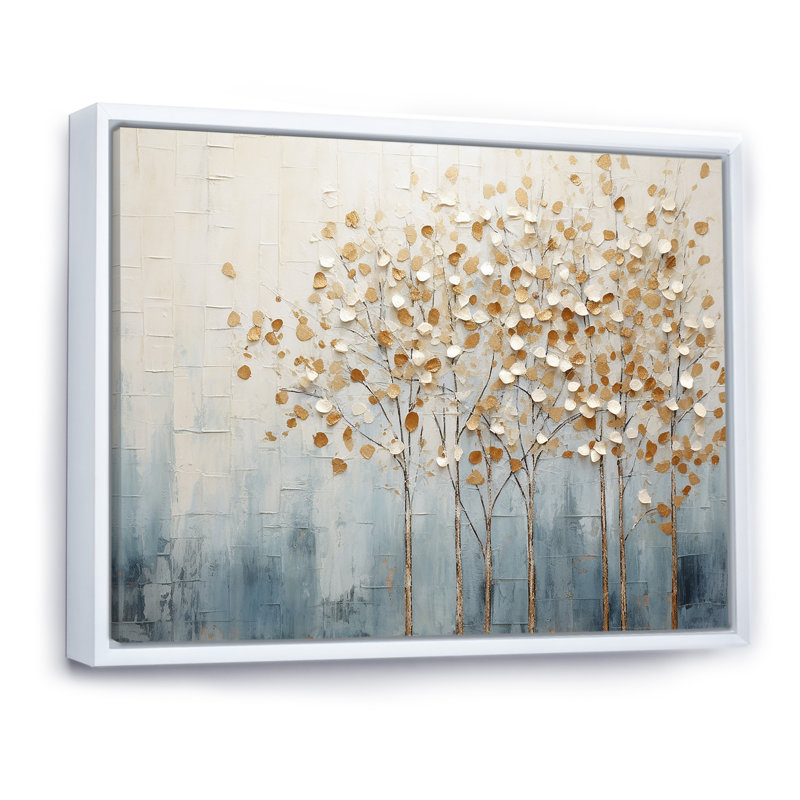 Harmonie d'arbres dorés et bleus V - Arbres, reproductions encadrées, Cadre flottant blanc, H 24 po x l 32 po x P 1 po