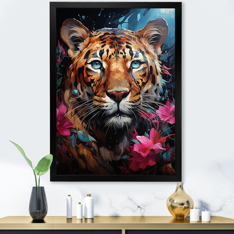 Portrait pop art d'un jaguar, Cadre simple noir, H 32 po x l 24 po x P 1 po