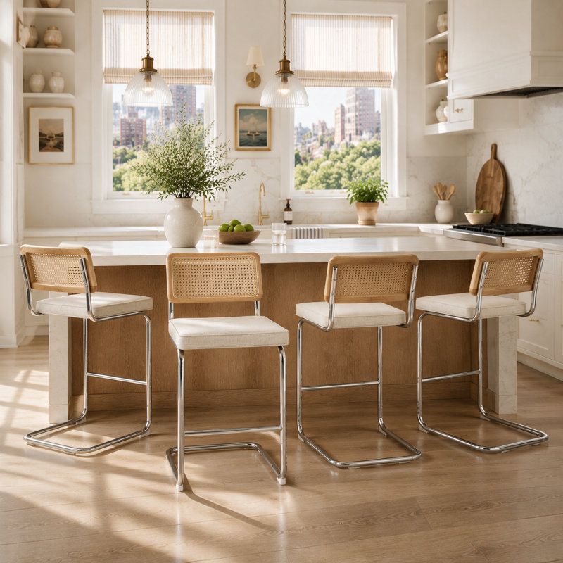 Marlow 26" Linen Counter Stool With Rattan Cane Back And Metal Frame, Beige Linen Blend/ Chrome Frame, 4, 26" Seat Height