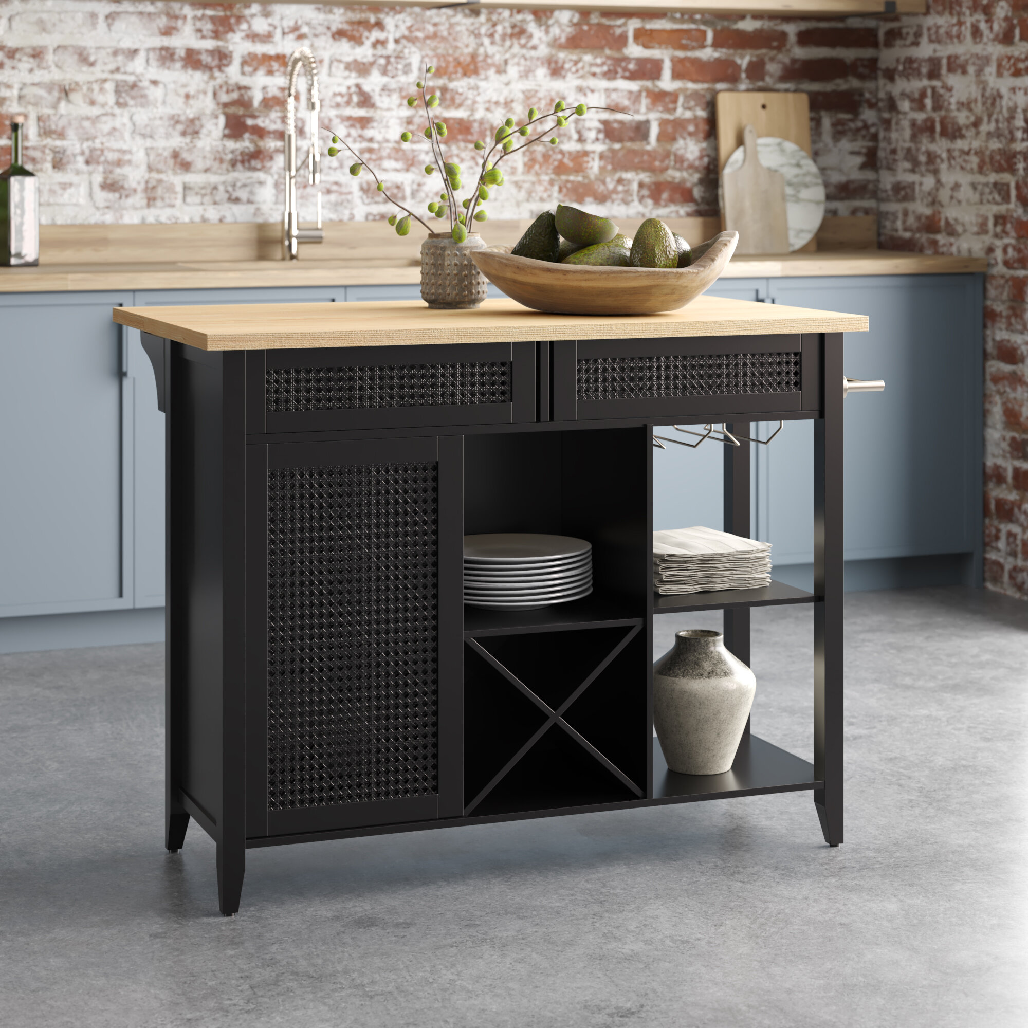 LaFayette Natural Wood Top Portable Kitchen Island in Black Finish