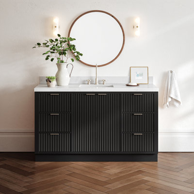 Haun 60'' Solid Wood Single Bathroom Vanity with 1.5'' Carrara Quartz Top in Black, Rectangular Sink