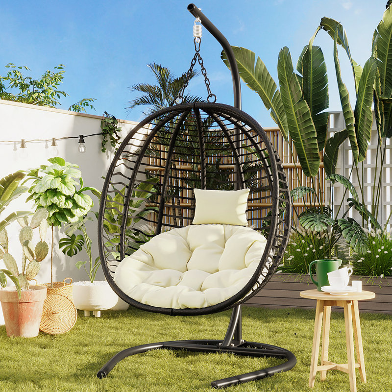 Single Person Folding Egg Chair With Stand, Hanging Egg Chair Indoor Outdoor, Wicker Hammock Swing Chair With Adjustable Anti-Slip Feet,Suitable For Balcony, Bedroom,Garden