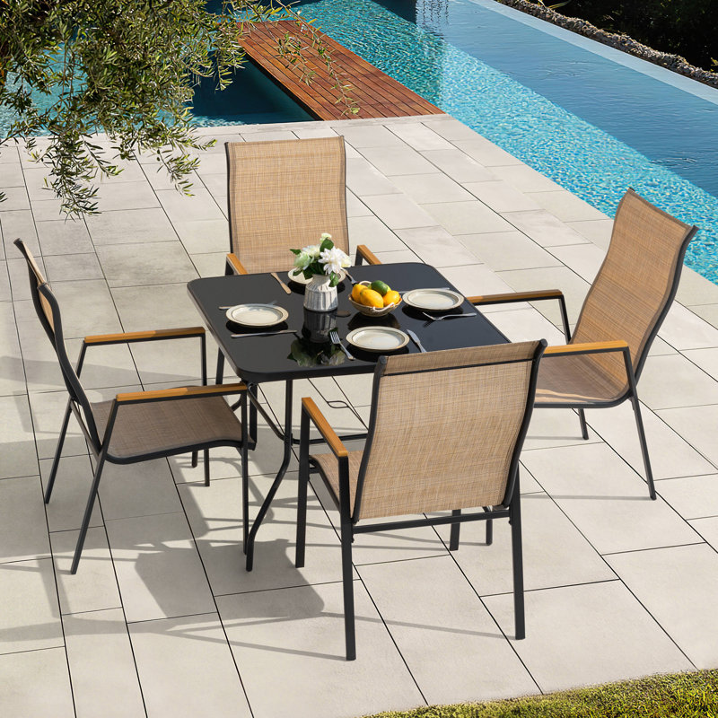 Ensemble de salle à manger 5 pièces avec trou pour parasol et chaises empilables PVC-coated polyester