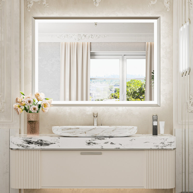 Miroir de salle de bain à DEL New Rockford, 48 po x 36 po, Rectangulaire, Nickel brossé
