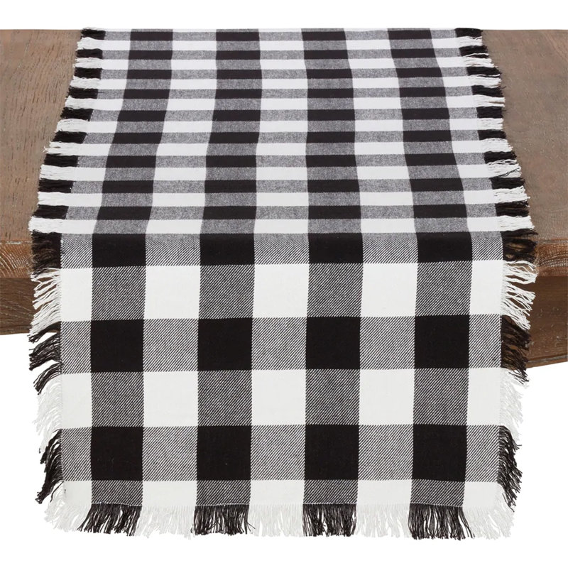 Chemin de table noir classique à franges 100% coton 16 x 72 pouces Buffalo, Noir / blanc