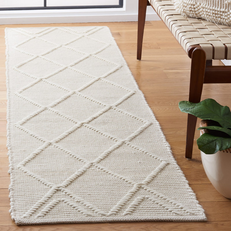 Tapis géométrique en laine / coton tissé à la main jacques ivoire, Tapis de couloir 2 pi 3 po x 8 pi