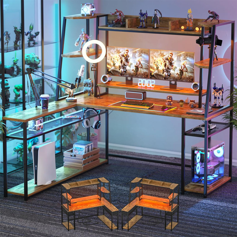 Malakah 63'' L Shaped Desk with Hutch & Monitor Stand, Gaming Desk with Power Outlet & LED Light, Rustic Brown/Black