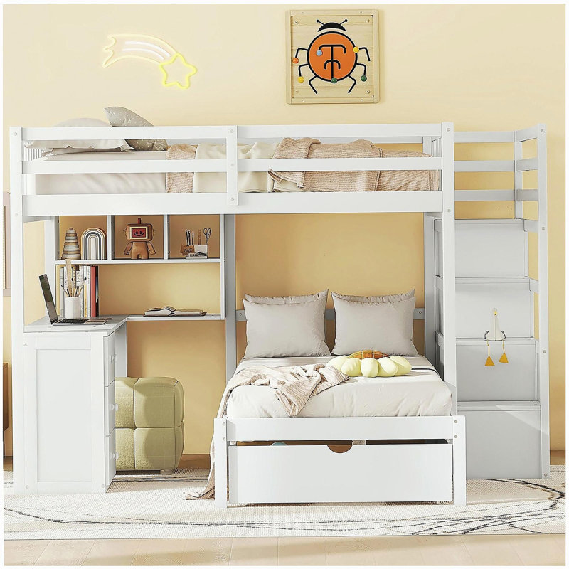 Lit superposé double au-dessus de simple avec bureau, tiroirs et tablettes, blanc, Blanc