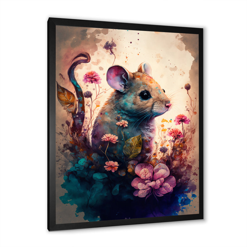 «Cute Mouse Floral Art», peinture sur toile, Impression noire sur toile encadrée, H 20 po x l 12 po x P 1 po