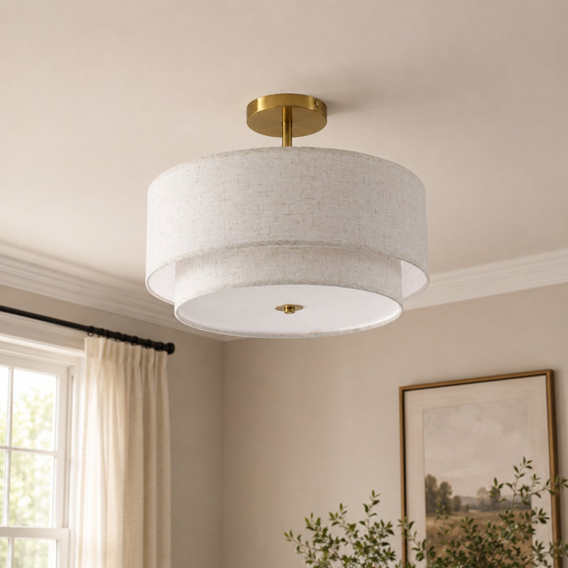 Modern 16-Inch 3-Light Semi-Flush Mount with Fabric Shade, Brass Finish Easy to Install, for Living Room or Bedroom, Gold