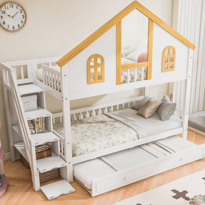 Lit simple superposé en bois avec toit et porte de fenêtre, escalier de rangement et lit gigogne, blanc + naturel