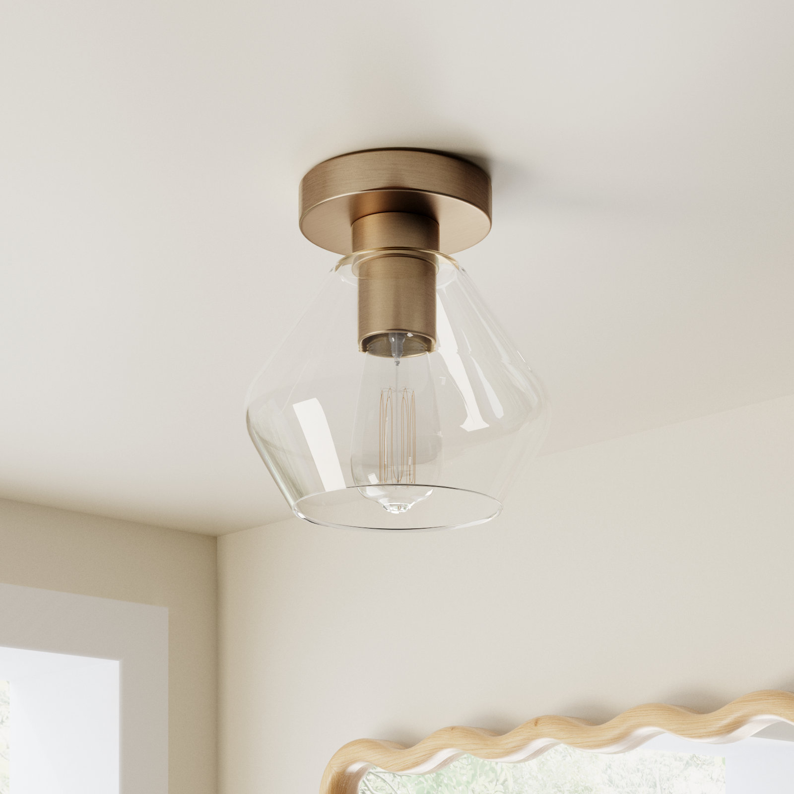 Rooks Single Light Glass Semi Flush Mount, Satin Brass