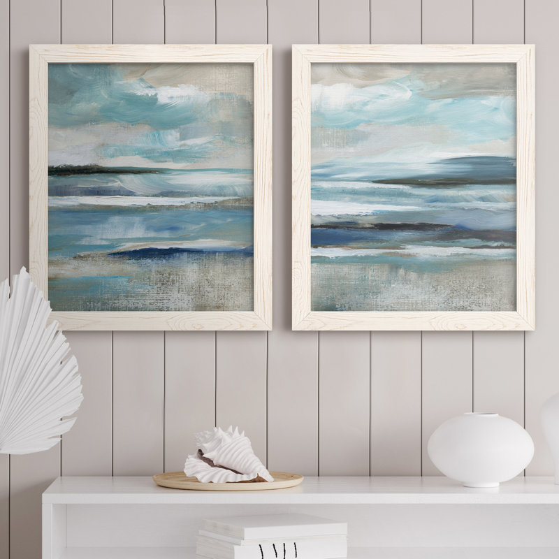 «Distant Drama I», ensemble de 2 peintures sur toile encadrées, Cadre blanc, H 31,5 po x l 47 po x P 1,5 po
