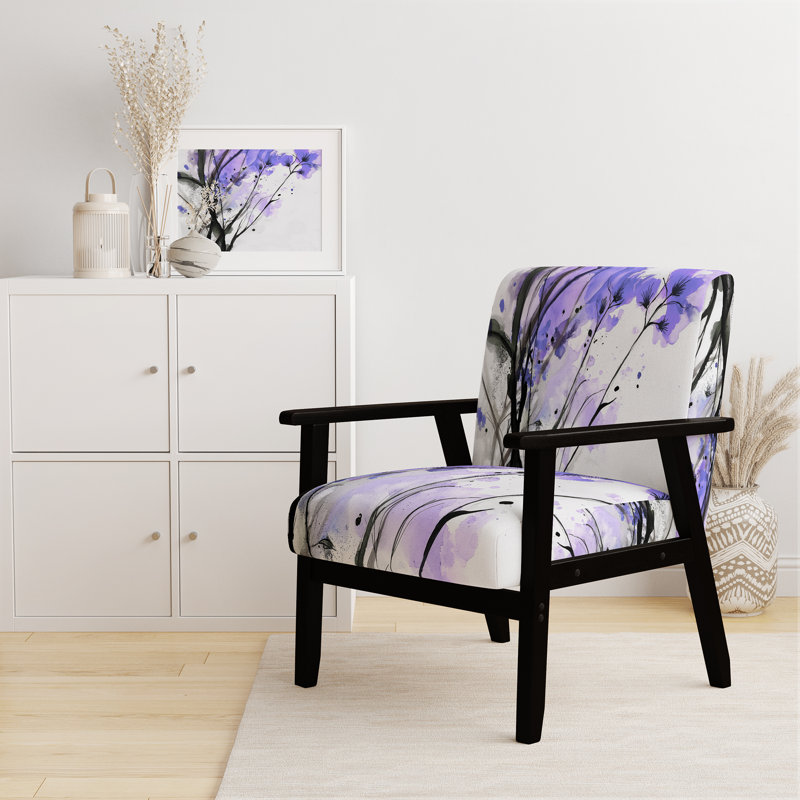 Abstract Orange Flowers - Upholstered Traditional Accent Arm Chair, Purple/Black/White, Black