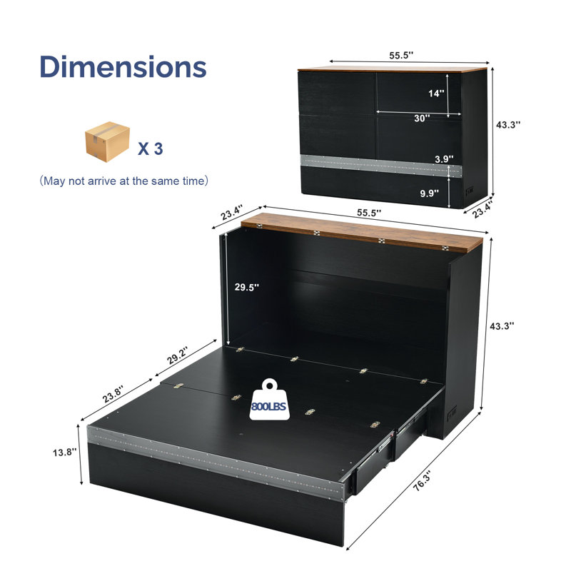 Full Size Murphy Bed With Storage Drawer,Smart LED Lighting & Built-In Charging Station, Space-Saving Cabinet Bed For Kids,Adults,Black