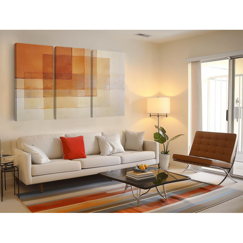 Reproduction d'art abstrait géométrique sur toile, art mural 3 panneaux terracotta - Mid Century Modern Square, triptyque de tons terreux, minimaliste Home Art, reproduction de peinture