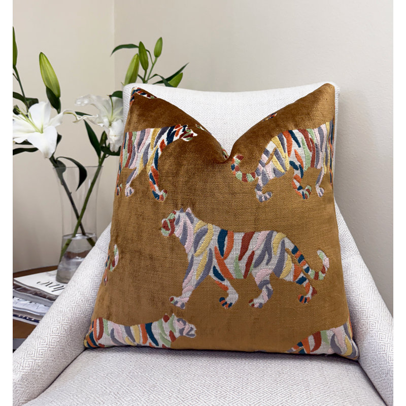 Tiger Velvet Throw Pillow Cover, Square 20", Tan