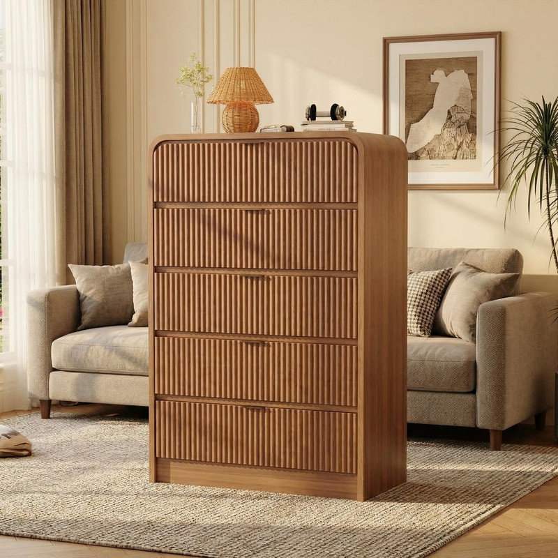 Walnut 5-Drawer Fluted Chest – Tall Wooden Dresser with Rounded Edges for Bedroom, Hallway, Living Room