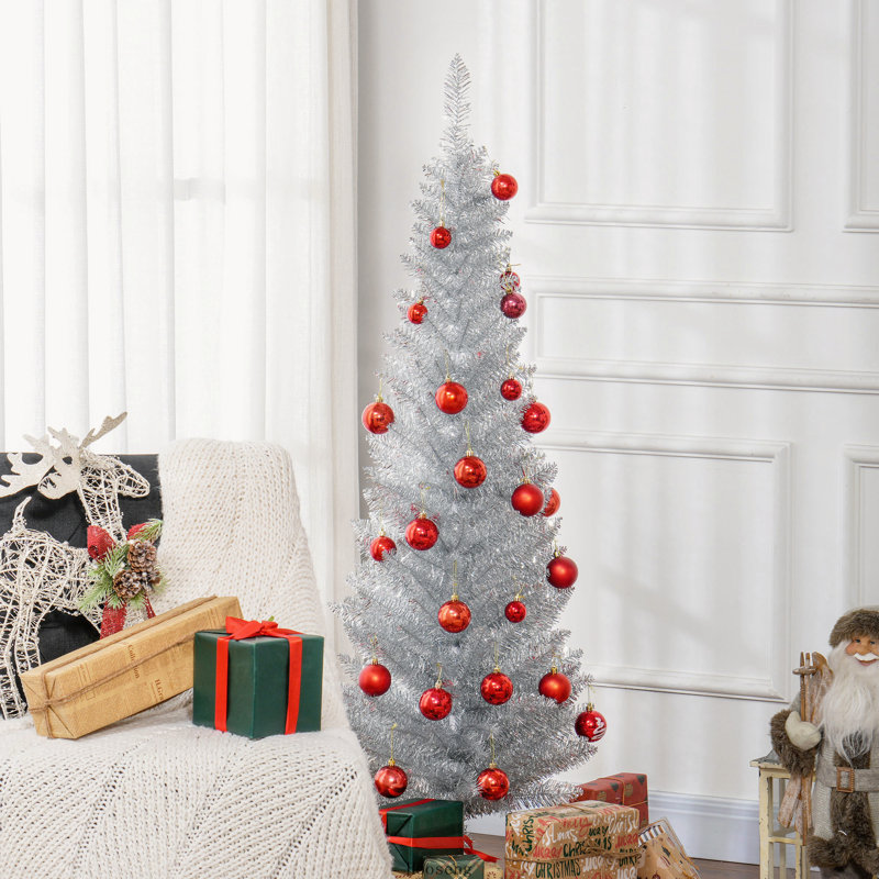 Arbre de Noël mince 5 pi avec 294 pointes et support en plastique, argent, H 5 pi, Argent
