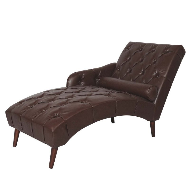Chaise Lounge Arm Chair With Pillow And Solid Wood Legs, Upholstered In Dark Brown PU For Ultimate Comfort And Style