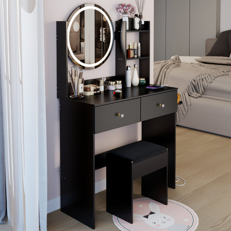 American Design 17" Led Vanity Table With Cushioned Stool, 3 Colors Adjustable Brightness Mirror , Built - In 2 Ac + Power Ports, Big Mirror, Touch Switch, Multi Layer Storage, Construction, 46.5