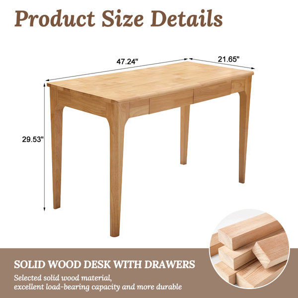 East Urban Home 47Inch Solid Wood Desk With Drawers, Small Computer ...